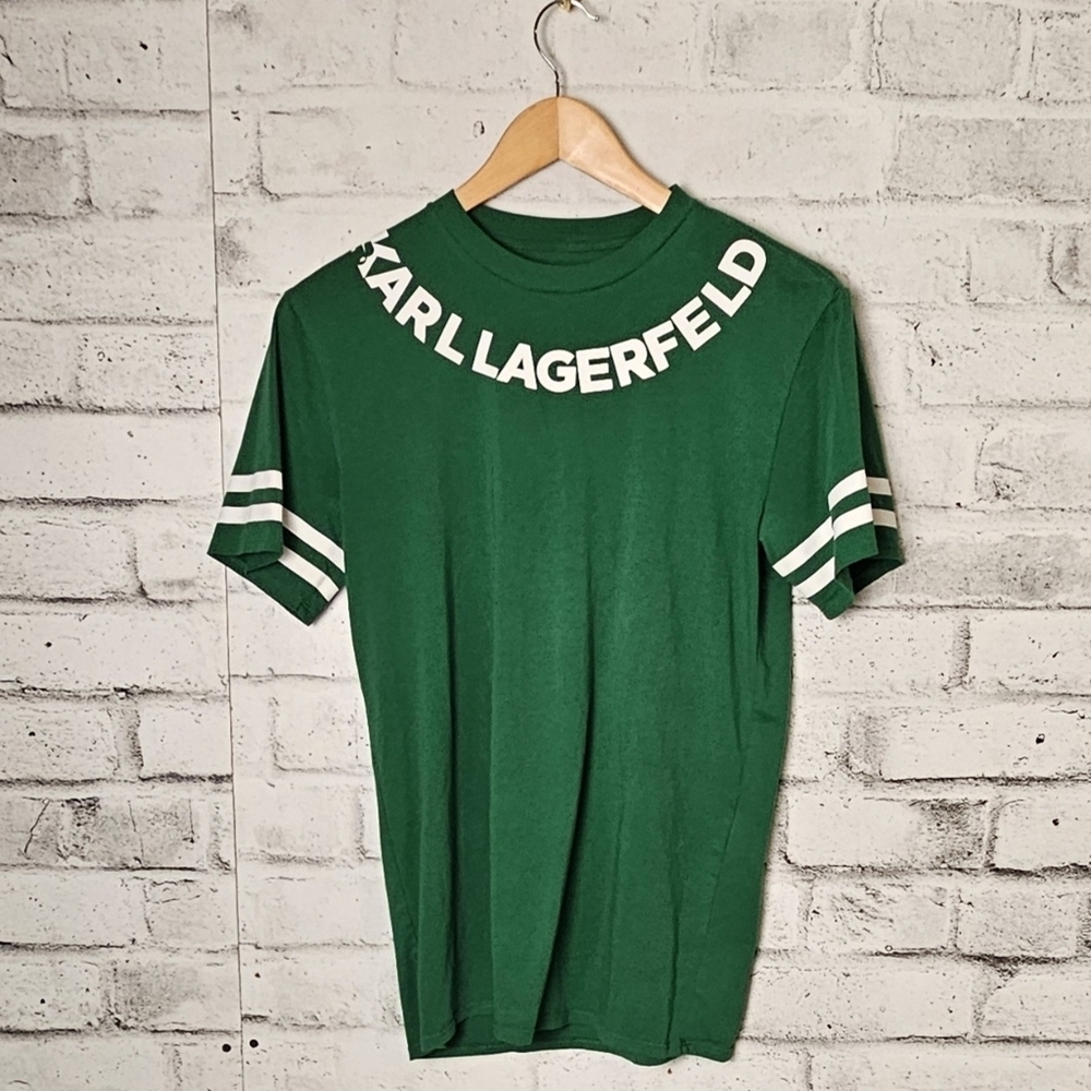 Karl Lagerfeld Paris Logo Tee Green Varsity Stripe XS - Picture 2 of 8